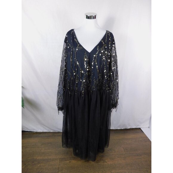 BloomChic Dress Womens 26 Black Sequin Mesh V-Neck Long Sleeve Plus Size Party - Picture 1 of 12